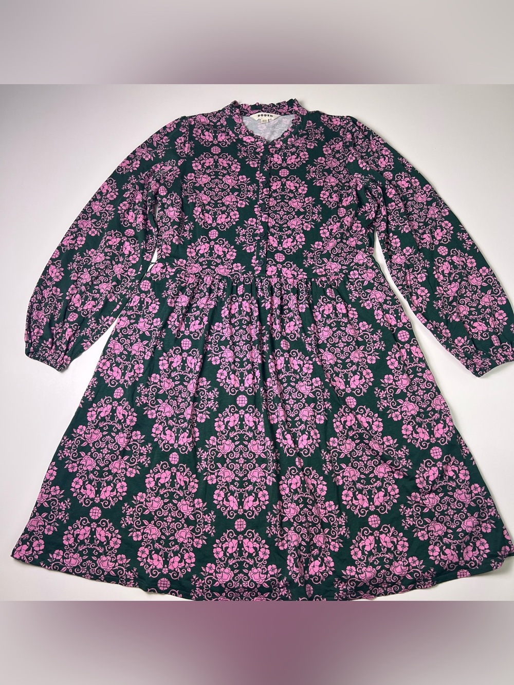 Boden Green Pink Floral Damask Midi Dress Boho Chic Preppy